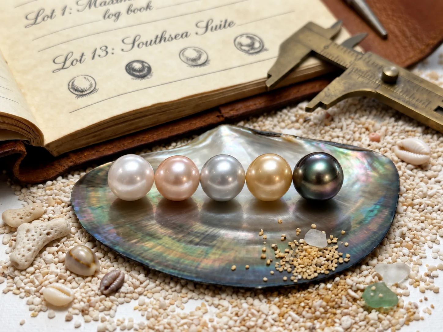 Five pearls in a row on a mother-of-pearl shell: white, rose, silver, golden and Tahitian, beside a pearl dealer’s log book and brass calipers