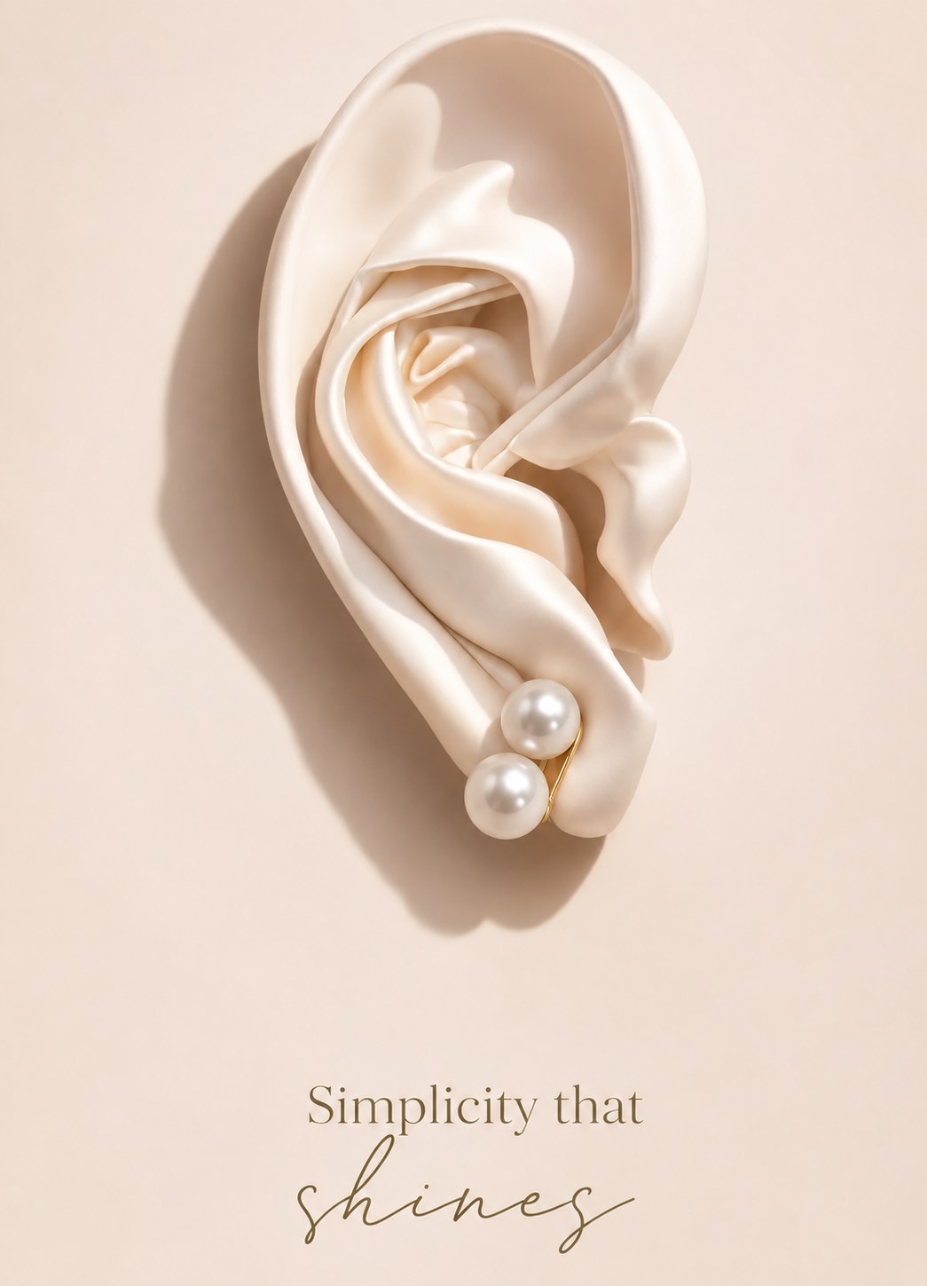 Two pearl studs on an ear sculpted from ivory silk, with the words Simplicity that shines