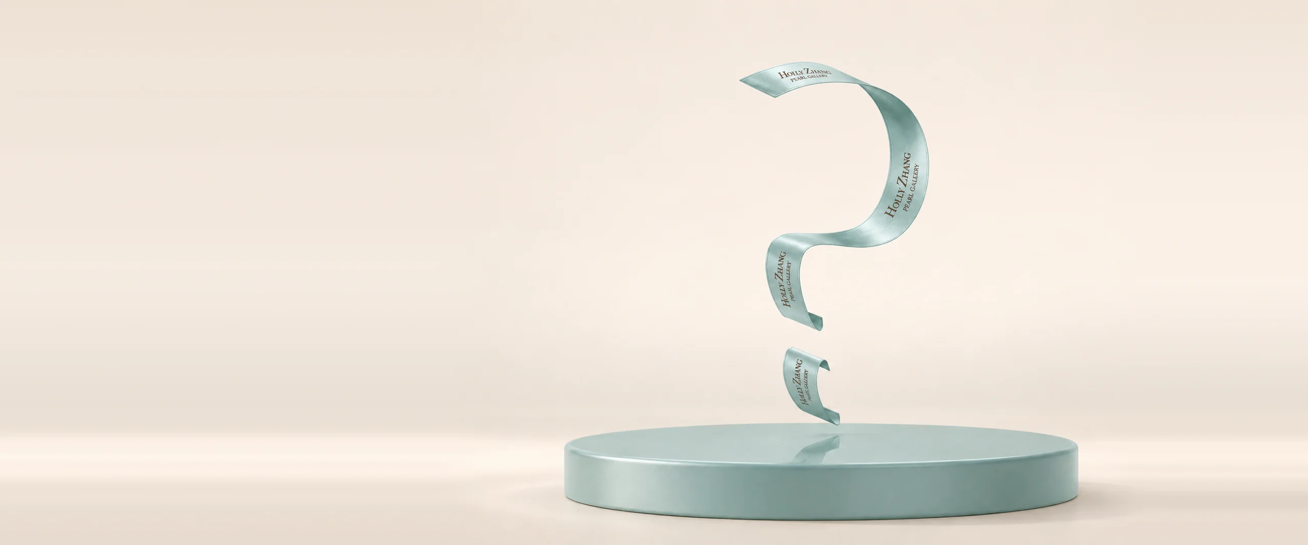 A sea green satin ribbon printed with the Holly Zhang Pearl Gallery wordmark, curled into a question mark above a round display plinth