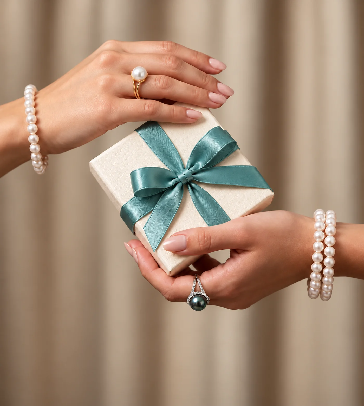 Two hands wearing freshwater pearl bracelets, a gold pearl ring and a Tahitian pearl ring with a diamond halo, holding a cream gift box tied with a sea green satin bow