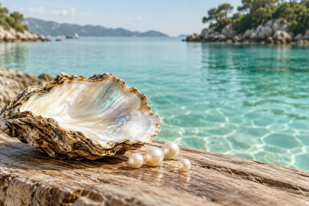 An open oyster shell with three pearls beside it, on a rock above clear sea water