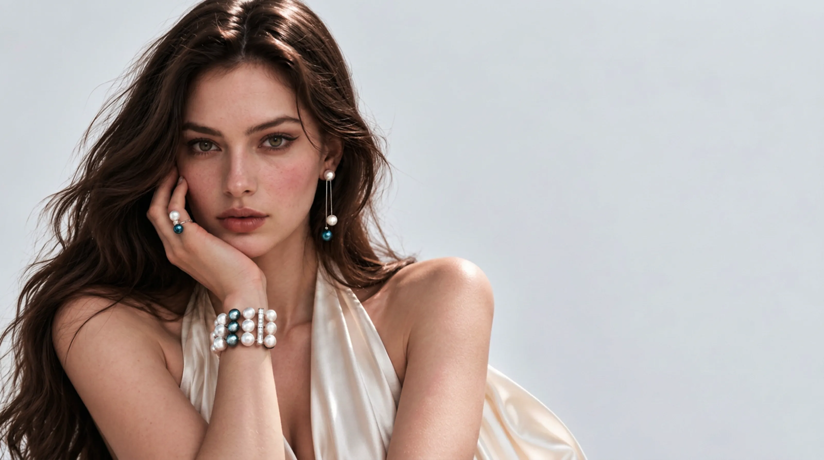 A model in a cream satin halter dress resting her cheek on her hand, wearing a white and Tahitian pearl drop earring, a two-pearl ring and a three-row white and Tahitian pearl bracelet