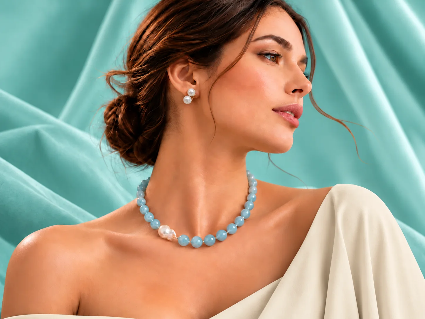 A woman in profile in an off-shoulder cream satin wrap, wearing pearl studs and an aquamarine bead necklace with a baroque pearl, against sea-green satin