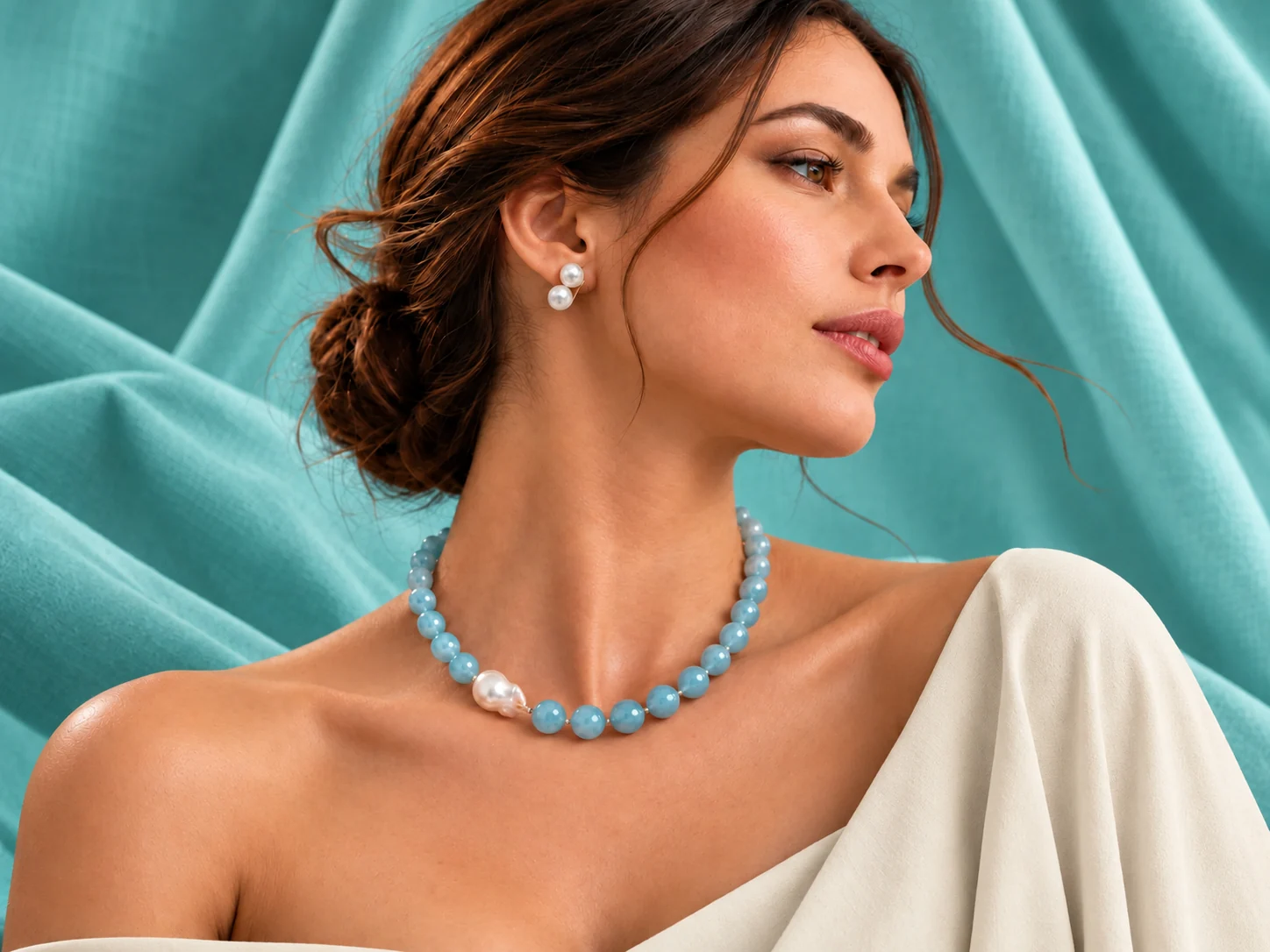 A woman in profile in an off-shoulder cream satin wrap, wearing pearl studs and an aquamarine bead necklace with a baroque pearl, against draped sea-green linen