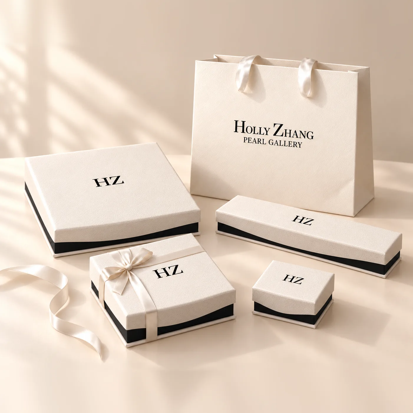 Holly Zhang Pearl Gallery gift boxes in cream with black trim, one tied with a satin bow, and the shopping bag