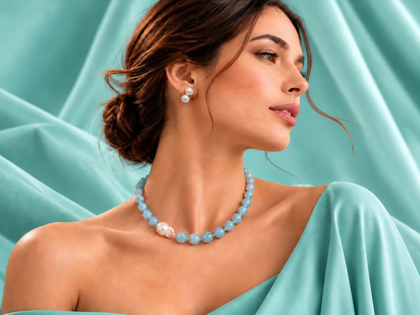 A woman in profile wearing pearl studs and a blue bead necklace with a baroque pearl, against sea-green silk