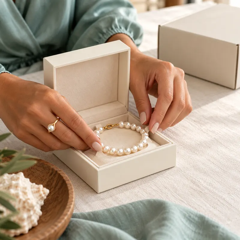 Hands placing a pearl bracelet into a cream jewelry box, with a shipping carton behind