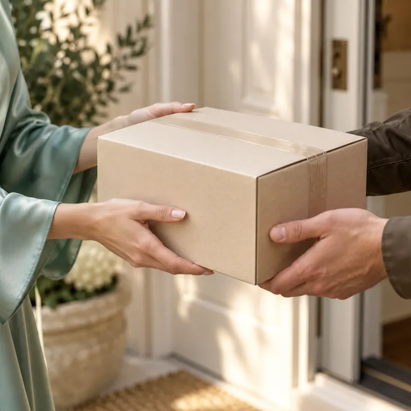 A plain, unmarked parcel handed over at a front door