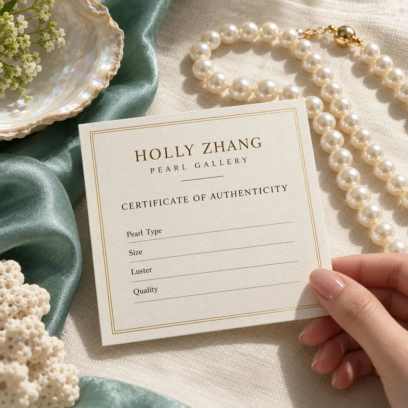 A Holly Zhang Pearl Gallery certificate of authenticity held beside a pearl strand
