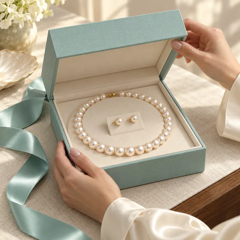 A pearl necklace and stud earrings in a sea-green gift box with satin ribbon