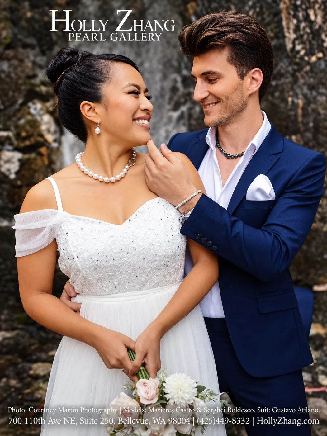 Holly Zhang Pearl Gallery advertisement: a bride in pearls and a groom in a navy suit with a black pearl necklace, in front of a stone wall