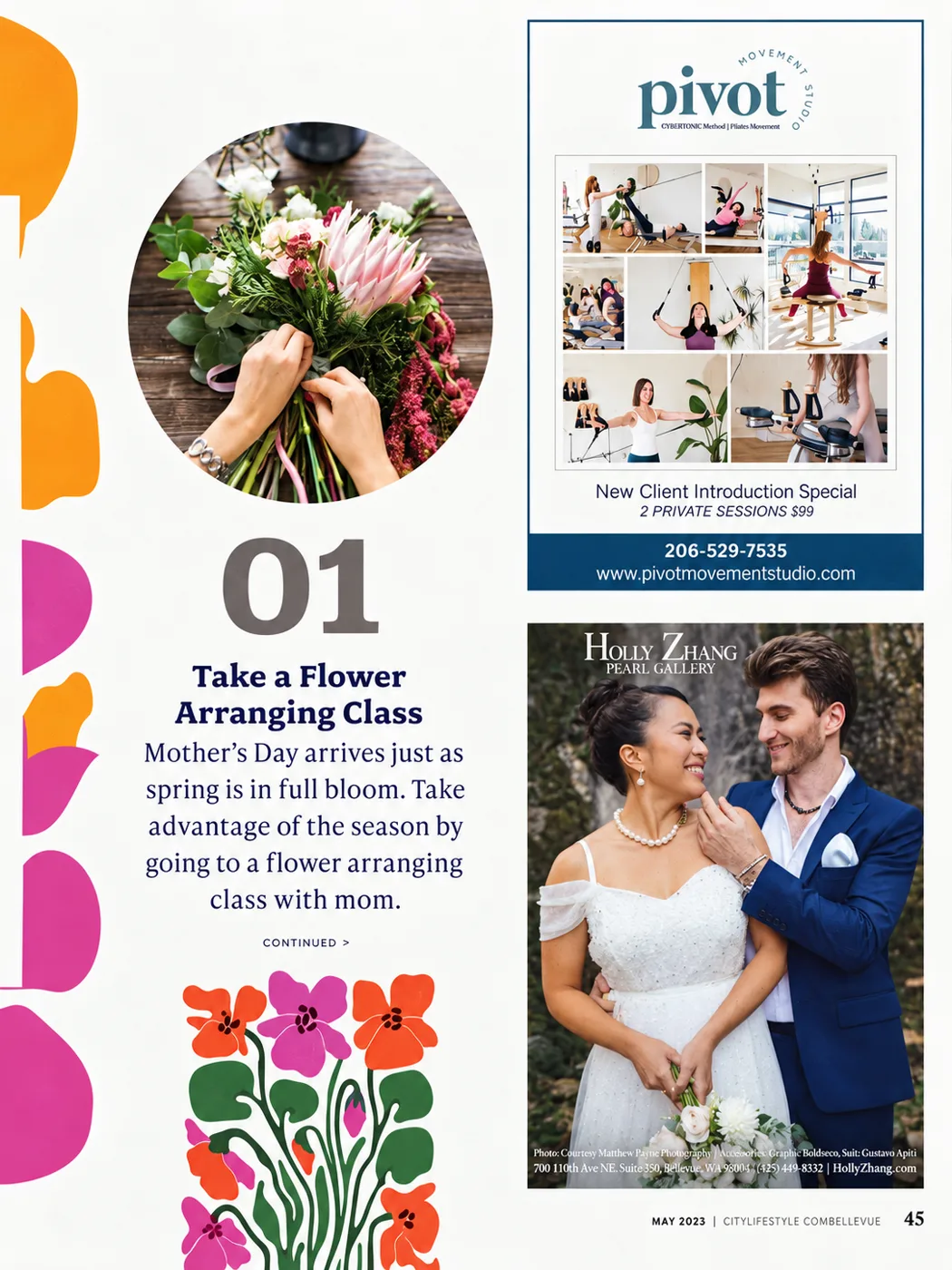 A page from Bellevue City Lifestyle, May 2023, carrying the Holly Zhang Pearl Gallery bridal advertisement