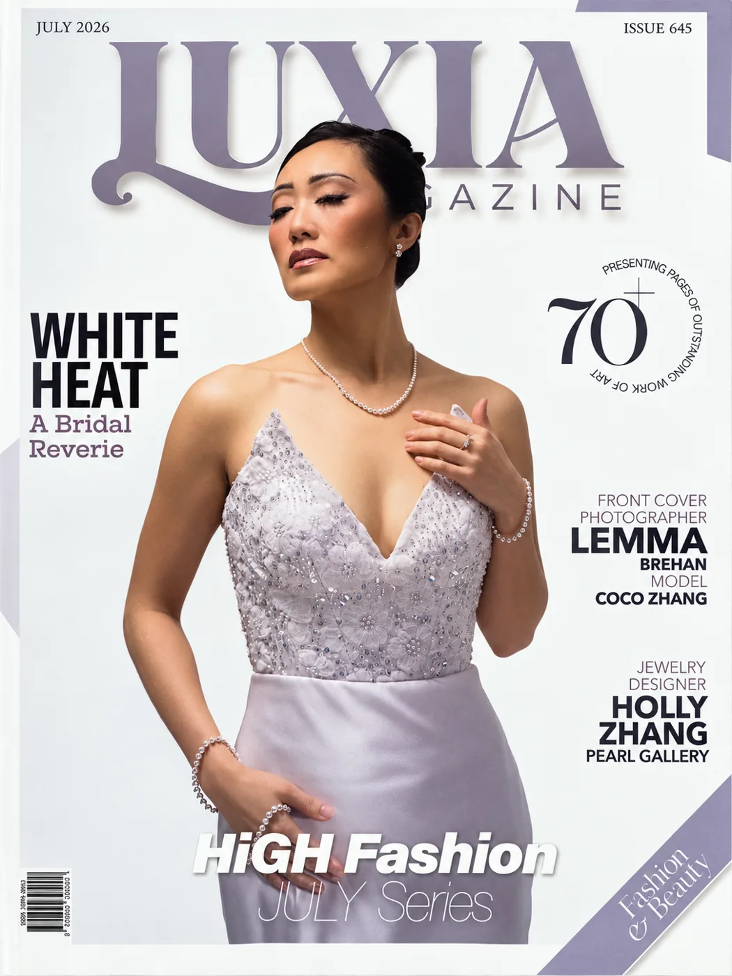 Luxia Magazine July 2026 cover: a bride in a beaded white gown wearing a pearl necklace, earrings and bracelets, with Holly Zhang Pearl Gallery credited as jewelry designer