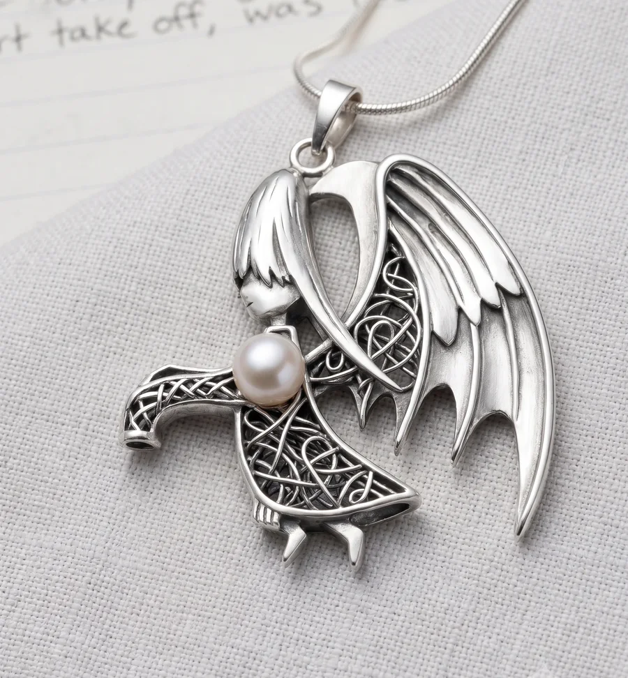 A silver angel pendant with filigree wings, holding a white pearl