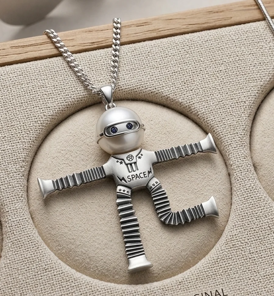 A silver astronaut pendant with a pearl helmet and SPACE on its chest