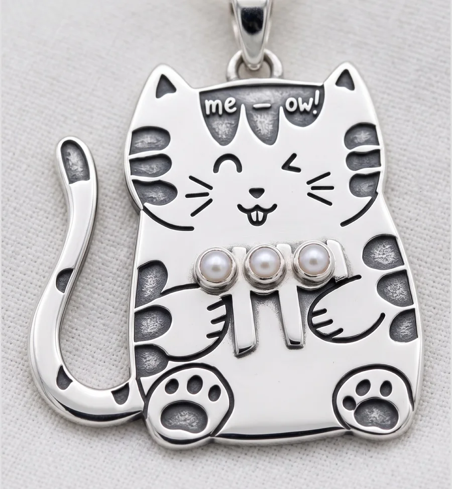 A silver tabby cat pendant that says me-ow, holding three small pearls