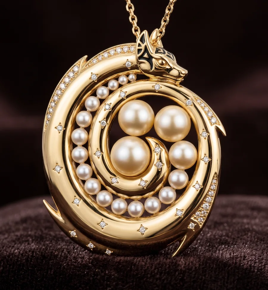 A gold dragon coiled in a spiral around golden and white pearls, set with small diamonds