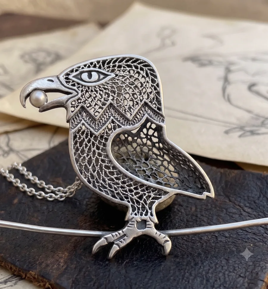 A silver filigree eagle perched on a branch, holding a pearl in its beak