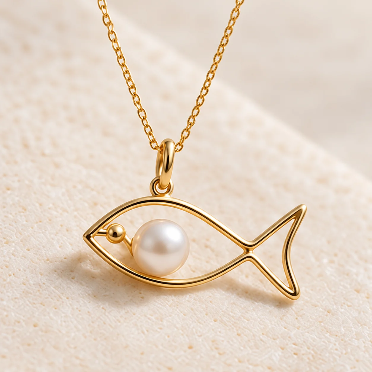 A gold wire fish pendant with a white pearl