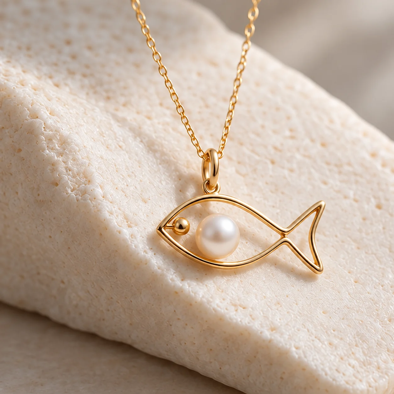 A gold wire fish pendant with a white pearl, resting on pale stone