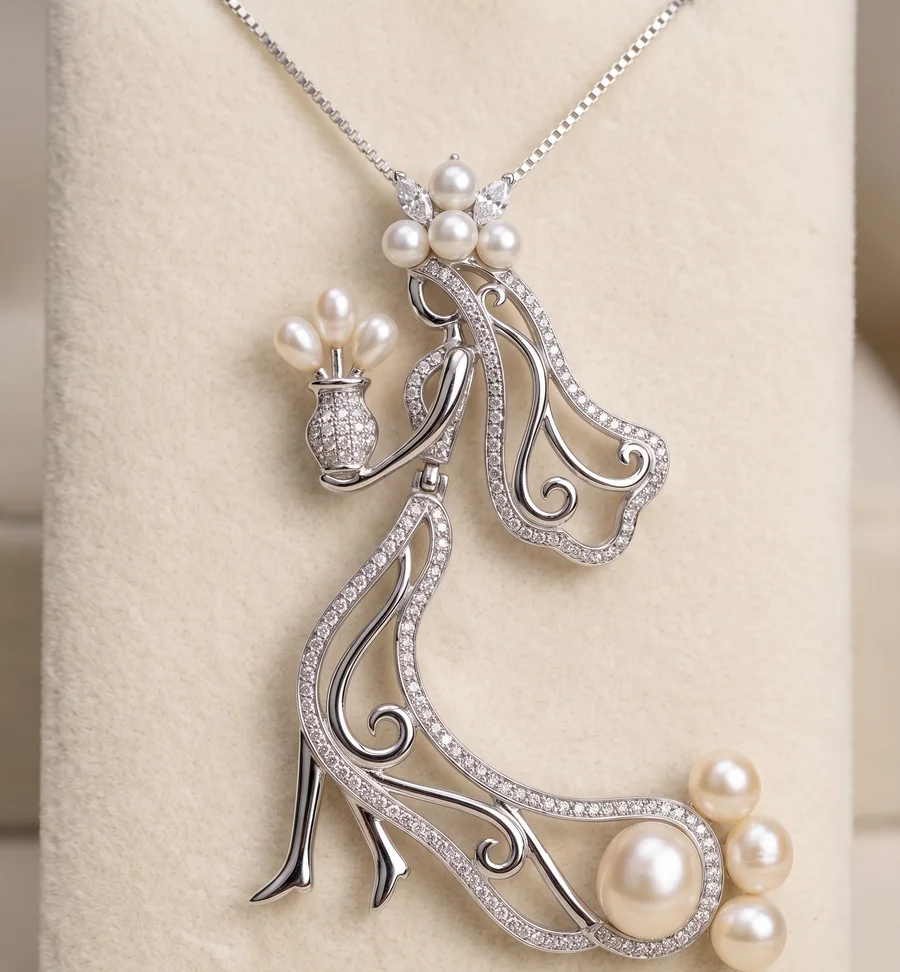 A silver pendant of a lady in a flowing pavé dress, holding a vase of pearls