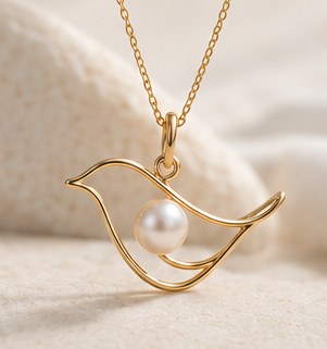 A gold wire bird pendant with a white pearl