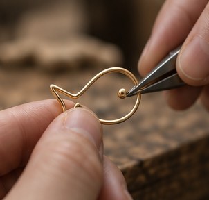 A jeweller shaping the gold fish outline with pliers