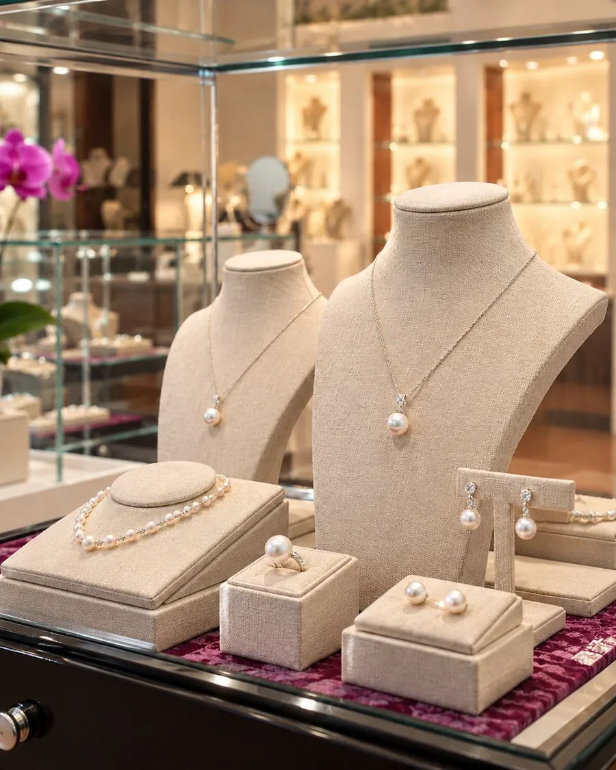 Pearl pendants, a strand, a ring and earrings on linen displays inside the Holly Zhang Pearl Gallery