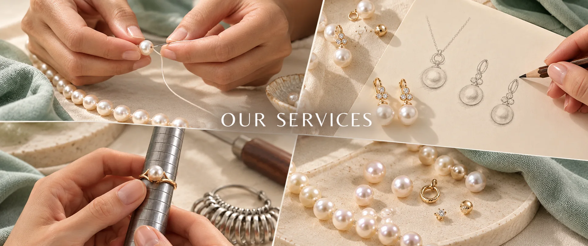 Our services: hands restringing a pearl strand, sketching pearl earring designs, sizing a pearl ring on a ring mandrel, and loose pearls with gold findings