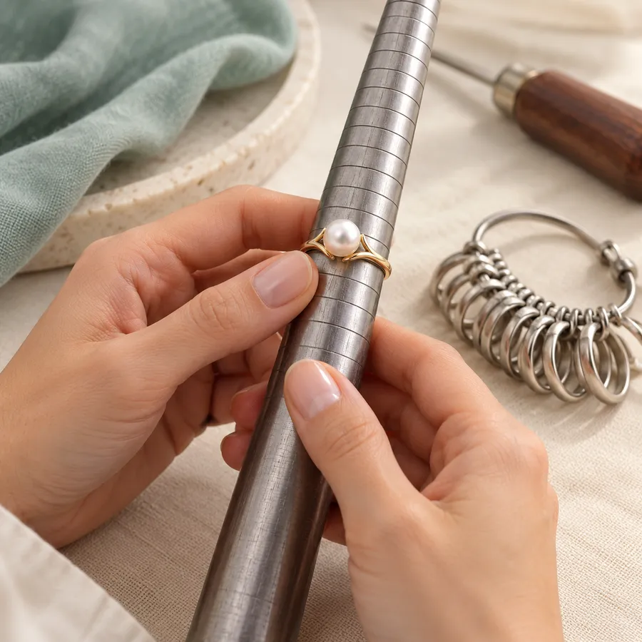 Hands sizing a gold pearl ring on a steel ring mandrel, with a set of ring sizers