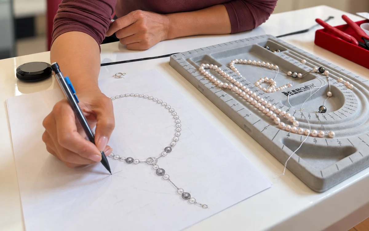 Holly sketching a Tahitian and freshwater pearl lariat at her bench, with strands laid out on a bead board