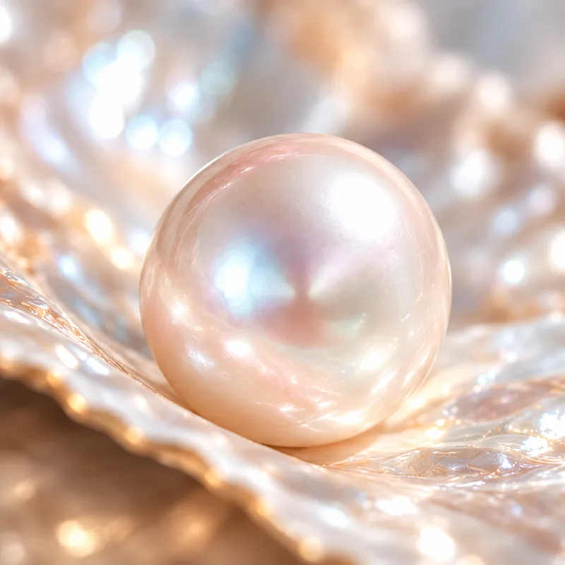 A single pink-white pearl resting in the curve of an open shell
