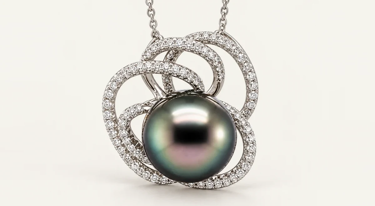 A Tahitian pearl pendant in a white gold and diamond swirl setting